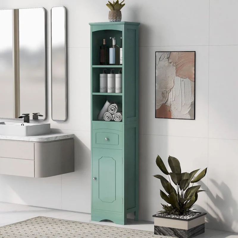 Freestanding Linen Tower Tall Bathroom Storage Cabinet with Drawer MDF and Adjustable Shelf