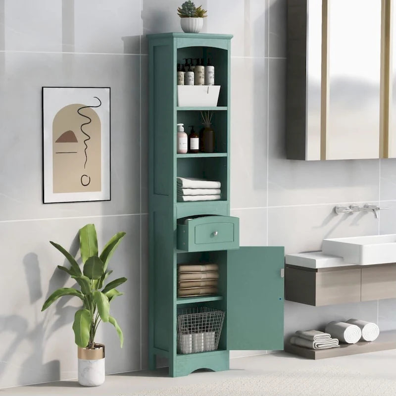 Freestanding Linen Tower Tall Bathroom Storage Cabinet with Drawer MDF and Adjustable Shelf