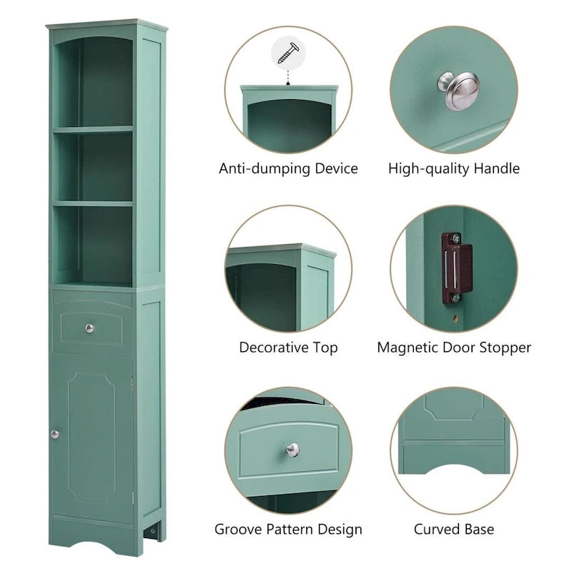 Freestanding Linen Tower Tall Bathroom Storage Cabinet with Drawer MDF and Adjustable Shelf