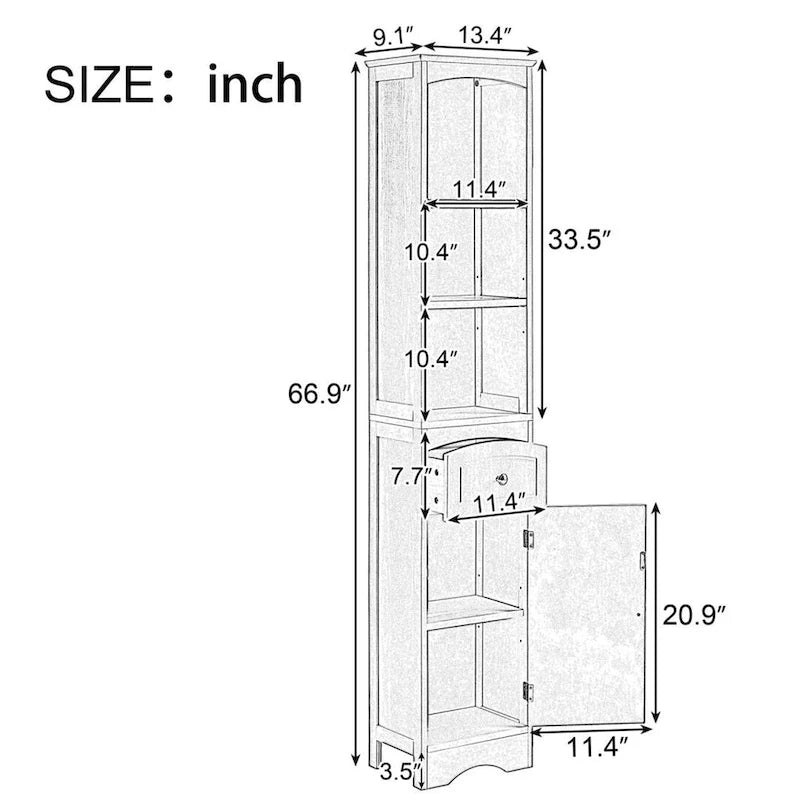 Freestanding Linen Tower Tall Bathroom Storage Cabinet with Drawer MDF and Adjustable Shelf