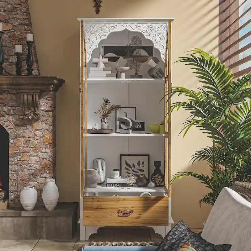 Oak Finish Wooden Curio Cabinet Display Storage Case Bathroom Cabinet - 70.9Hx31.5W