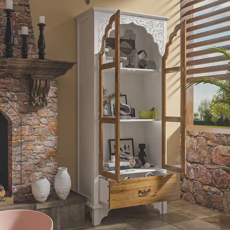 Oak Finish Wooden Curio Cabinet Display Storage Case Bathroom Cabinet - 70.9Hx31.5W