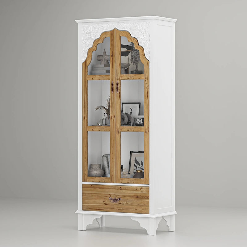 Oak Finish Wooden Curio Cabinet Display Storage Case Bathroom Cabinet - 70.9Hx31.5W