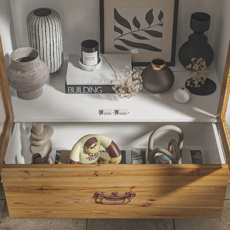 Oak Finish Wooden Curio Cabinet Display Storage Case Bathroom Cabinet - 70.9Hx31.5W