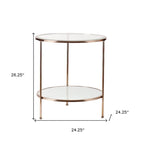 26 Gold Glass And Iron Round End Table With Shelf - 24.25x24.25x26.25