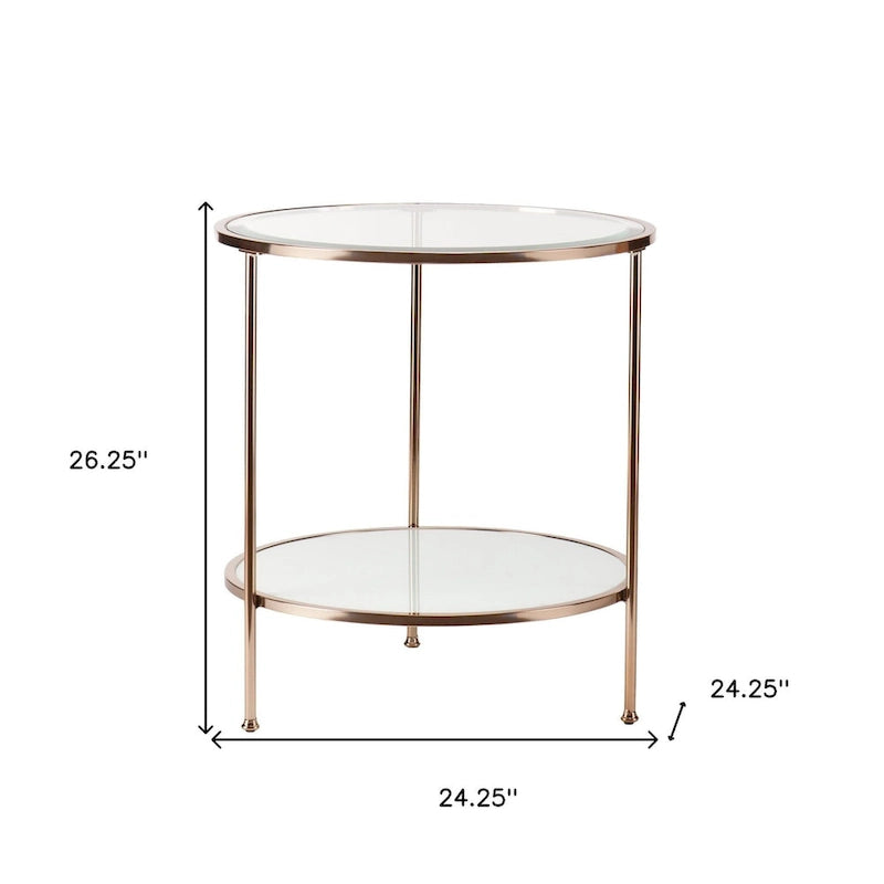 26 Gold Glass And Iron Round End Table With Shelf - 24.25x24.25x26.25