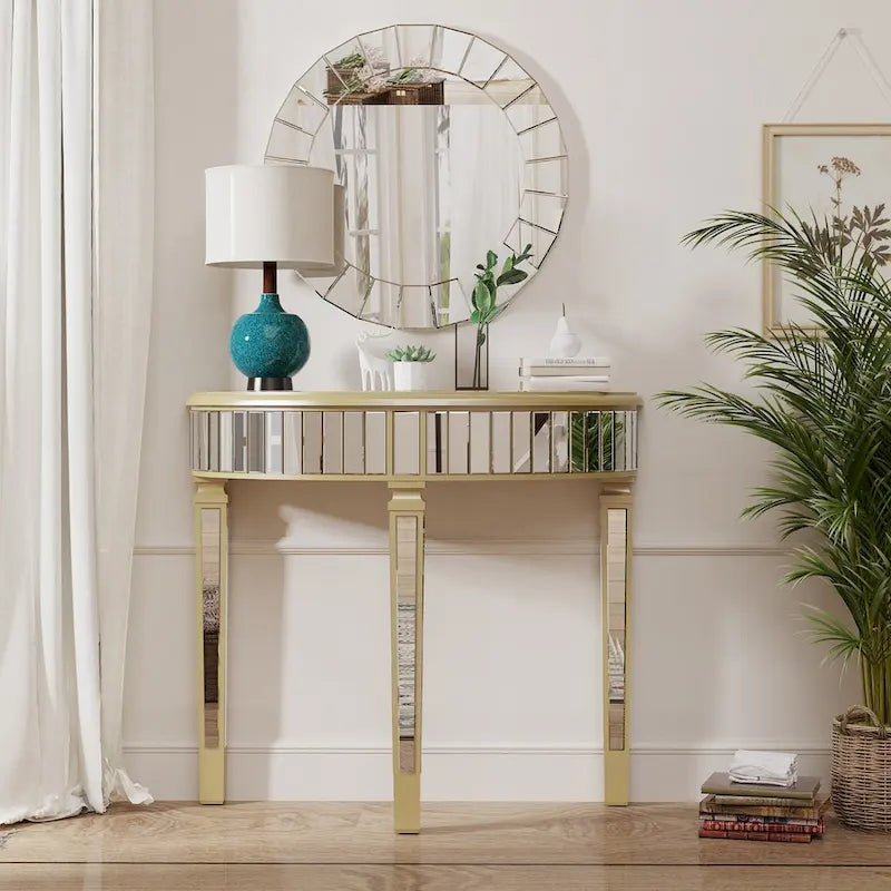 Silver Mirrored Half Moon Console Table Sofa Table - 35.4x31.6 inch