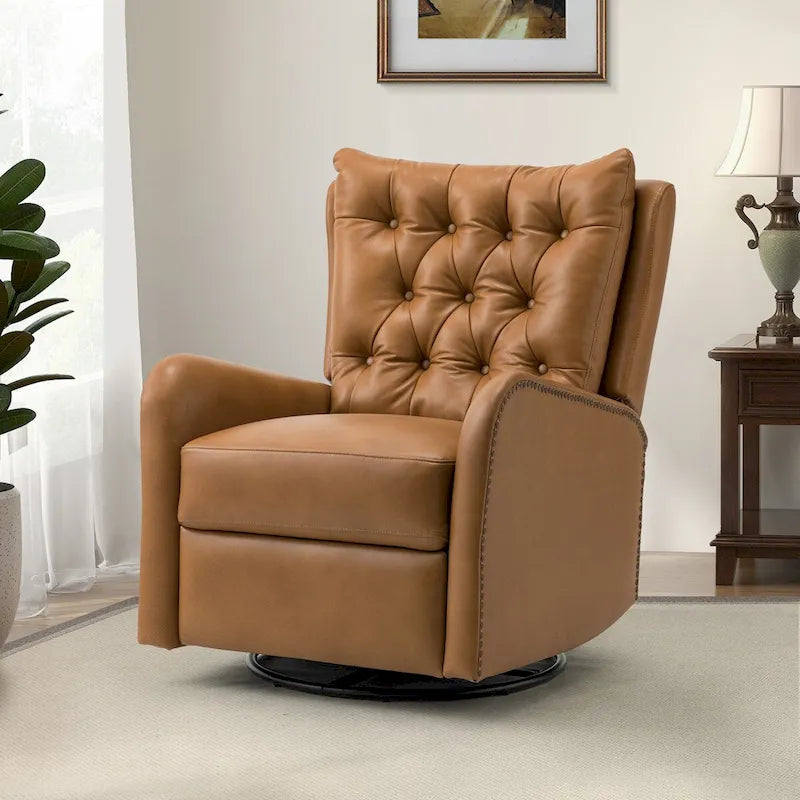 Mid-century Genuine Leather Recliner with Metal Base