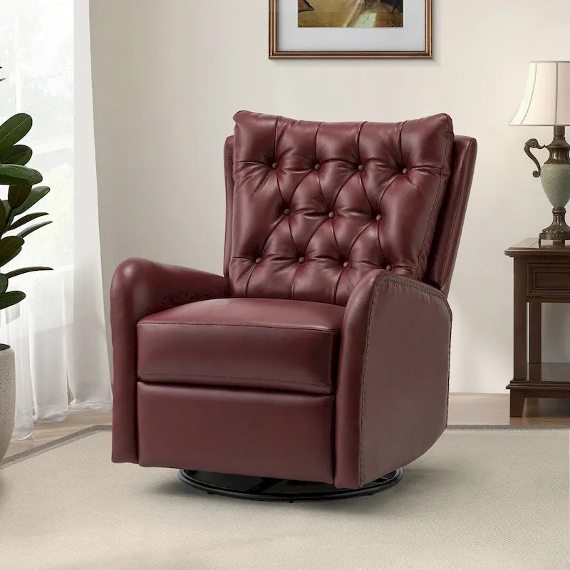 Mid-century Genuine Leather Recliner with Metal Base
