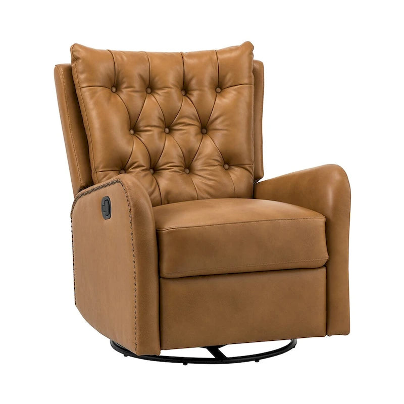 Mid-century Genuine Leather Recliner with Metal Base