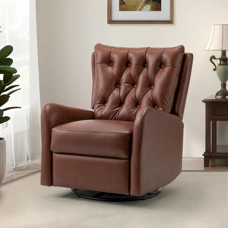 Mid-century Genuine Leather Recliner with Metal Base
