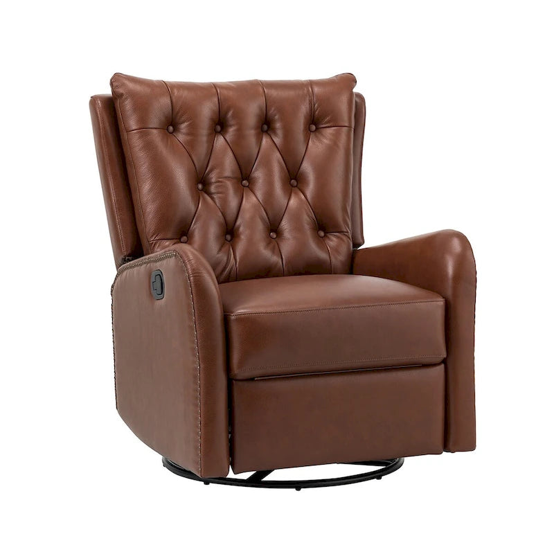 Mid-century Genuine Leather Recliner with Metal Base