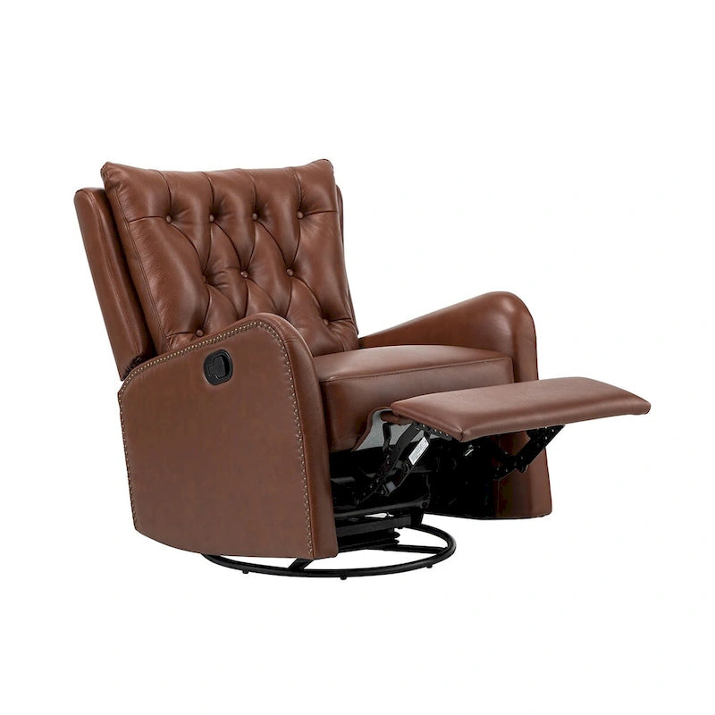 Mid-century Genuine Leather Recliner with Metal Base