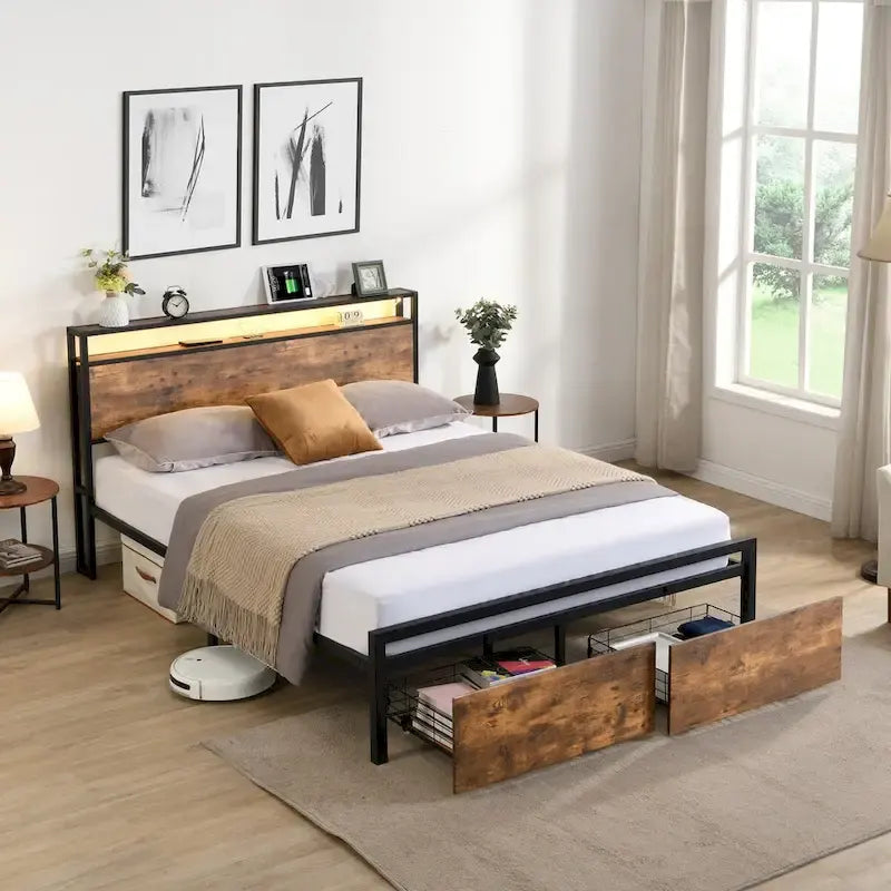Full Size Bed Frame with Storage Headboard and 2 Drawers,LED Lights Bed with Charging Station