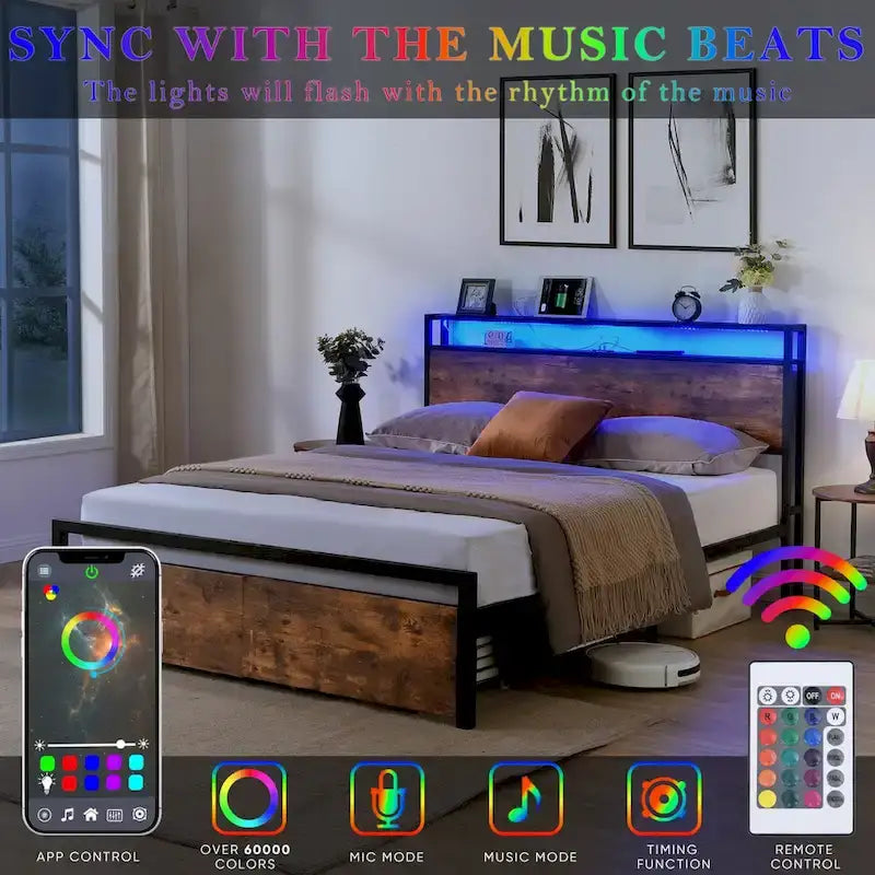 Full Size Bed Frame with Storage Headboard and 2 Drawers,LED Lights Bed with Charging Station
