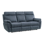 85 Inch Manual Reclining Sofa, Blue Microfiber, Solid Wood, Metal