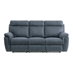 85 Inch Manual Reclining Sofa, Blue Microfiber, Solid Wood, Metal