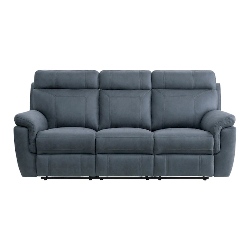 85 Inch Manual Reclining Sofa, Blue Microfiber, Solid Wood, Metal