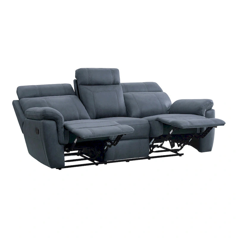 85 Inch Manual Reclining Sofa, Blue Microfiber, Solid Wood, Metal