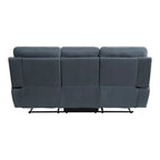 85 Inch Manual Reclining Sofa, Blue Microfiber, Solid Wood, Metal