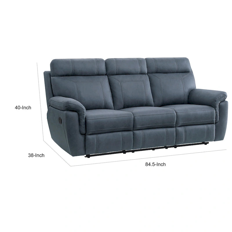 85 Inch Manual Reclining Sofa, Blue Microfiber, Solid Wood, Metal