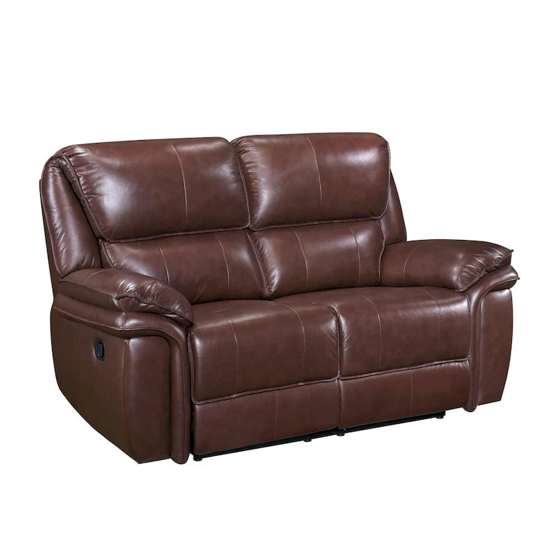 66 Inch Manual Recliner Loveseat, Plush Brown Top Grain Leather, Wood
