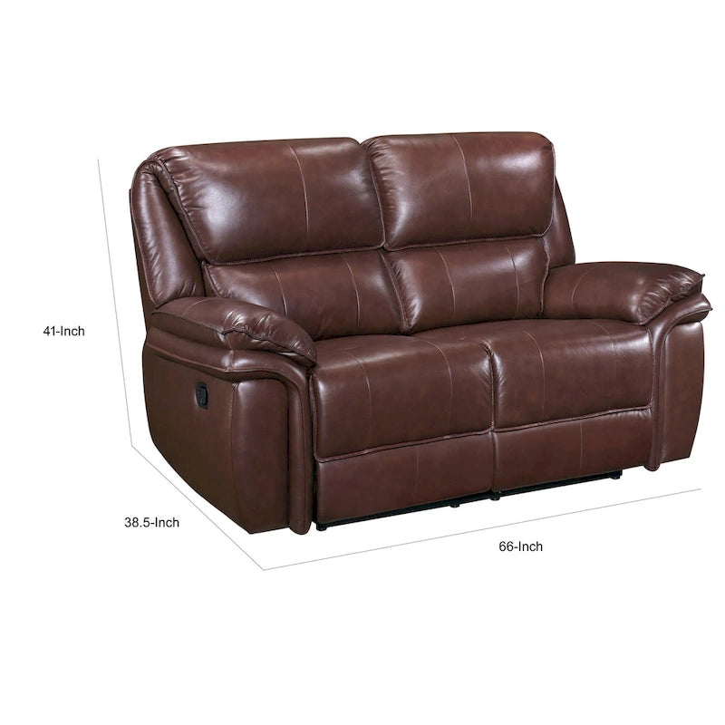 66 Inch Manual Recliner Loveseat, Plush Brown Top Grain Leather, Wood