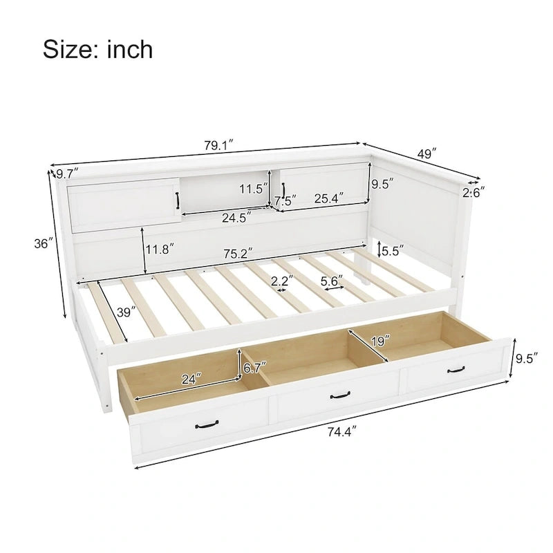 Twin Size L-Shaped Bed Frame with Drawer and and Bookcase,Corner Bed Wooden Captain Bed with Led Downlight and USB Port